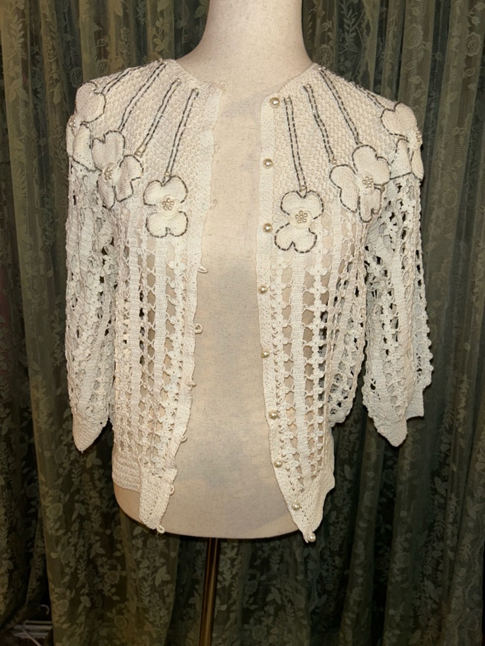 Vintage Cream Floral Crochet Cardigan Sweater with Beading Accents
